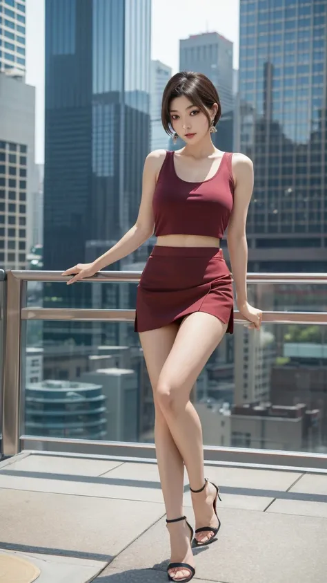 (Full body image),  Japanese Women,  so beautiful,  perfect face, Very short hair,  and shes a model，(Big Breasts), ( burgundy tank top),( miniskirt),(Hotel, Skyscrapers in the background),  wears expensive earrings ,  high heels, （Toes:1.2）,Perfect whole ...