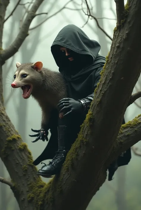 A tiny half robot half human assassin wearing a cloak fighting an opossum on a tree  
