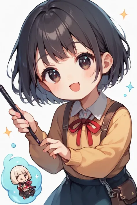  score_9,  score_8_up,  score_7_up,  score_6,  score_5_up,  score_4_upanime break， a very young girl ，cute, Chibi，Tiny,  holding a magic wand ,  bob cut,  red ribbon on her head ,  dark eyes，