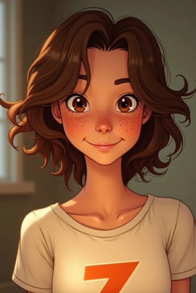  40-year-old woman with frizzy brown hair with honey-colored eyes, with a somewhat round face with freckles , In animated Disney style.  Wearing a shirt with an orange logo that says z .  All the image with shades of orange and white 