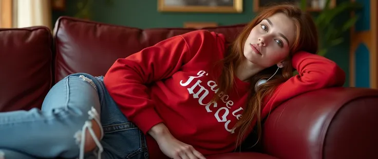 Une image 8K réaliste et très détaillée, dune jeune fille de 18 ans, aux cheveux roux très longs et bouclés, portant un jean serré et déchiré, portant un sweat à capuche rouge avec le mot « Jaime le » Maroc dessus,  et des chaussettes blanche , et des écou...