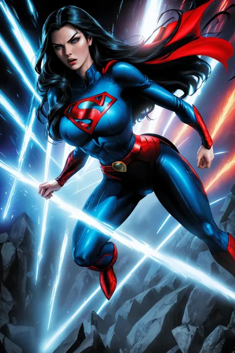 a woman with long black hair and blue eyes, wearing a red and blue superhero costume, powerful superhero pose, dynamic action sc...