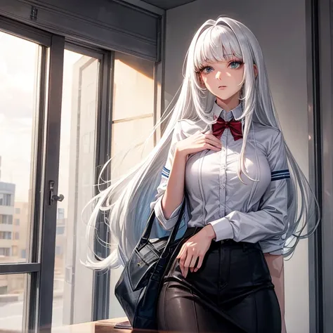 A tall, beautiful woman with white hair at school