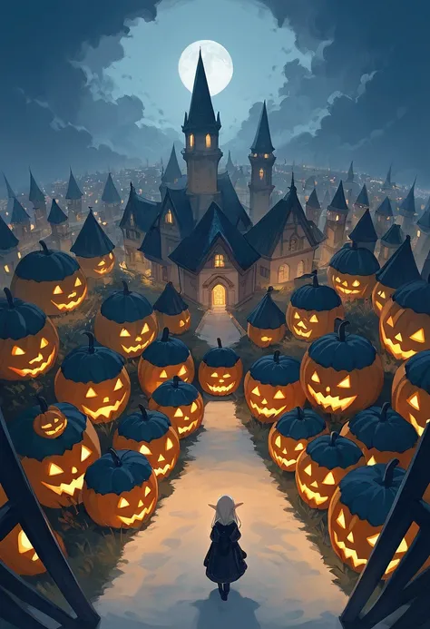 Jack-o-lantern,elaborate city.In city live 6+girls(cute, very small, dwarf, elf ears, witch clothes).from above.score_9, score_8_up, score_7_up, score_6_up, score_5_up, score_4_up, source_anime,source_furry,rating_safe,rating_questionable,masterpiece, best...