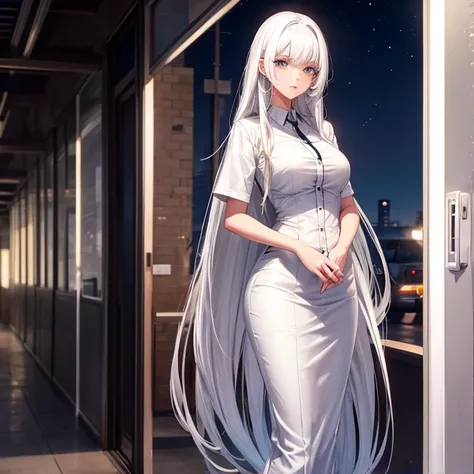 Beautiful tall woman with white hair at school at night