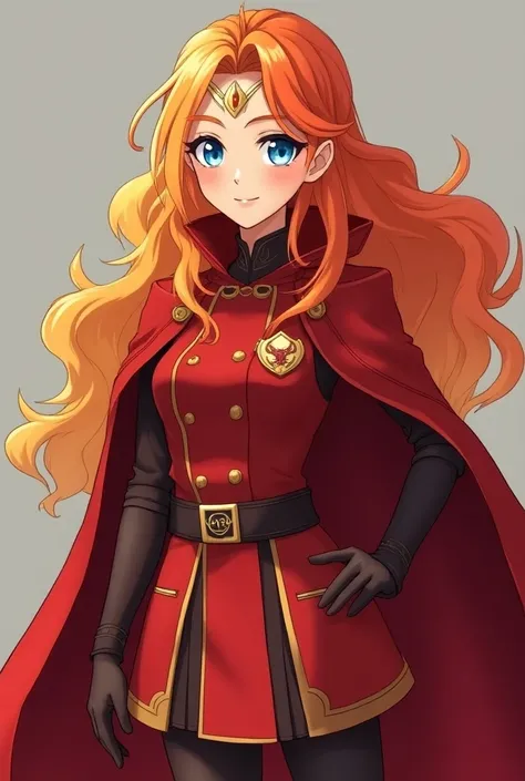  a pretty princess Ive never seen in a beautiful uniform from a secret squad, con capa de color red  , with blue eyes, long hair, The hair with the 3 colors yellow, red, orange, Cuerpo completo de cabeza a pies, style ia,   a dragon badge and gloves in the...