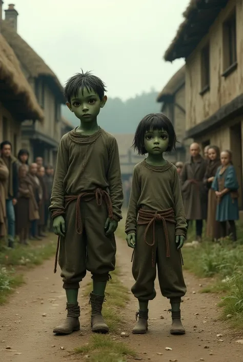  A medieval English town in the 12th century ,  with small stone houses and thatched roofs in Woolpit , England. In the foreground, two strange-looking ren ,  with green skin and worn clothes , They are standing together,  watching with puzzled expressions...