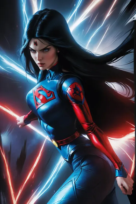 a woman with long black hair and blue eyes, wearing a red and blue superhero costume, powerful superhero pose, dynamic action sc...