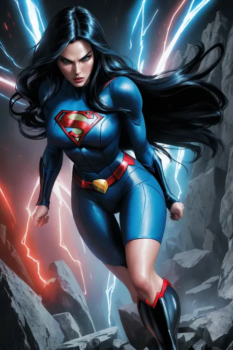 a woman with long black hair and blue eyes, wearing a red and blue superhero costume, powerful superhero pose, dynamic action sc...