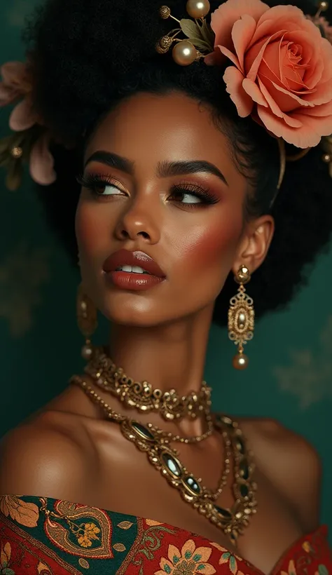 a beautiful afroamerican woman, detailed face, detailed eyes, detailed lips, long eyelashes, beautiful skin, elegant hairstyle, ornate jewelry, flowing dress, serene expression, dramatic lighting, cinematic composition,  photorealistic, high quality, maste...