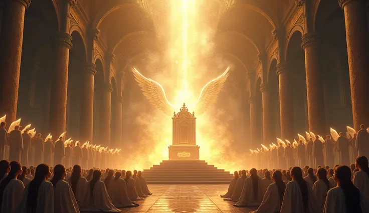 "A heavenly throne, with gigantic books open before it. Radiant golden light emanates from the books, illuminating a multitude of kneeling souls. The room is surrounded by angels in a position of worship,