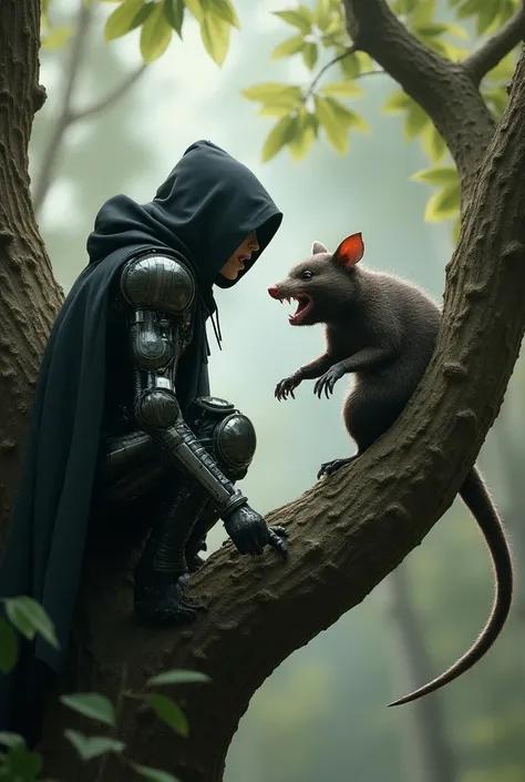 A tiny half robot half human assassin wearing a cloak fighting an opossum holding its mouth open on a tree  
