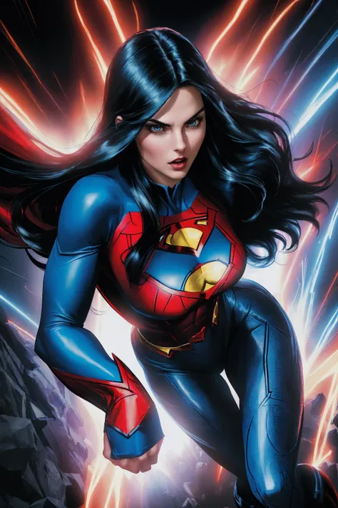 a woman with long black hair and blue eyes, wearing a red and blue superhero costume, powerful superhero pose, dynamic action sc...