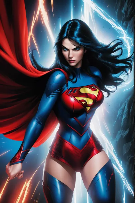 a woman with long black hair and blue eyes, wearing a red and blue superhero costume, powerful superhero pose, dynamic action sc...