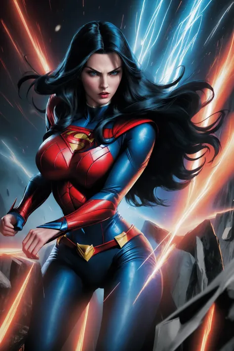 a woman with long black hair and blue eyes, wearing a red and blue superhero costume, powerful superhero pose, dynamic action sc...