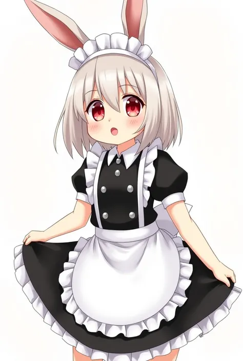 An anthropomorphic rabbit girl wears a black maid outfit and a white apron.  The cute girl has an anime-style illustration,, red eyes, rabbit ears, hairy face, surprised expression, open mouth,