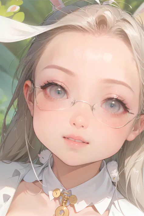 ((Big Breasts:1.5))、((( Long Ponytail Upped :1.9、 Black Hair、Glasses、 gold necklace)))、((((White bunny suit:1.8))))、(( rabbit earsと白いドレス))、(((超リアルなかわいい bunny girl、 bunny girl、 rabbit ears付き、Playboy Bunny、 With Rabbit Ears 、とがった rabbit ears、 rabbit ears、 Lo...