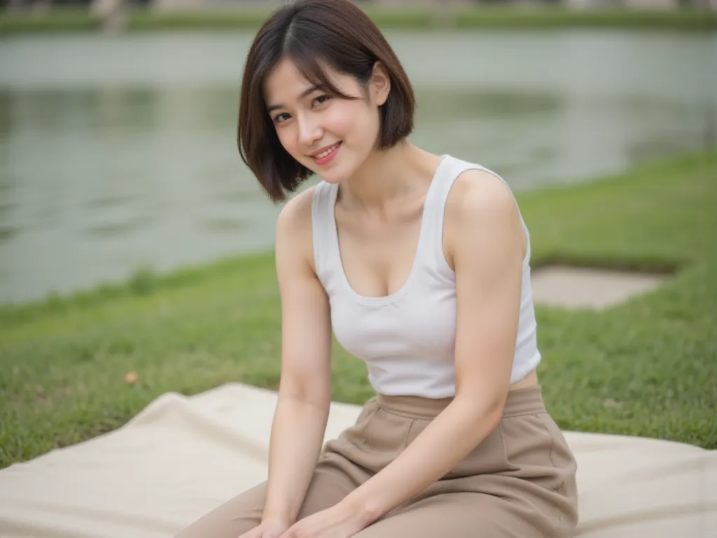 japanese、woman、 short hair、smile、white colored clothes、 tank top 、 long skirt、