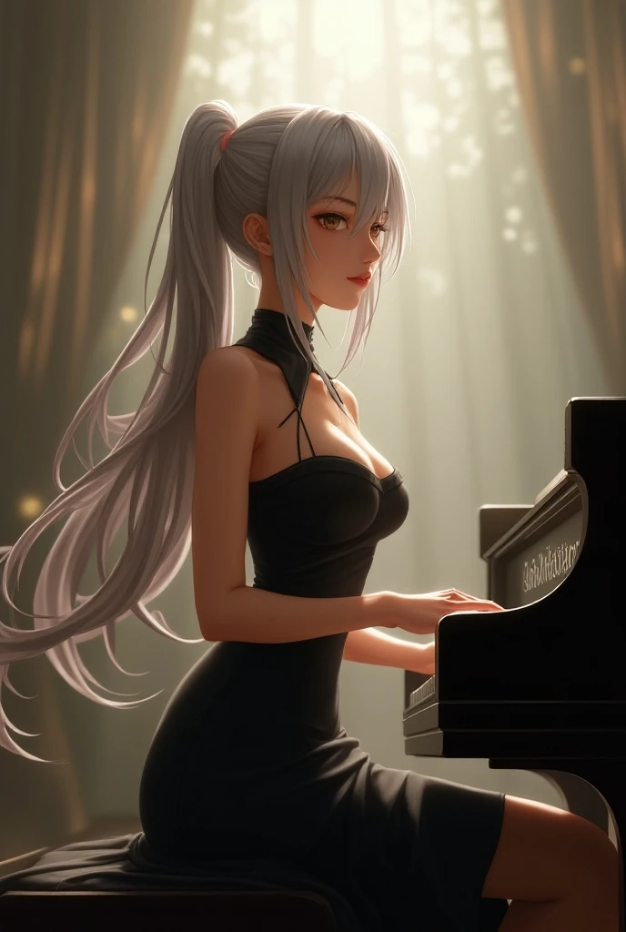 ((best quality)), ((masterpiece)), (detailed), 1girl, 
Japanese beautiful woman play piano,slim、Orchestra stage 、 slender、silver wave hair 、 sunlight escaping through the clouds、 Touching Your Face 、Black high neck、Opera Stage、 playing the piano with your ...