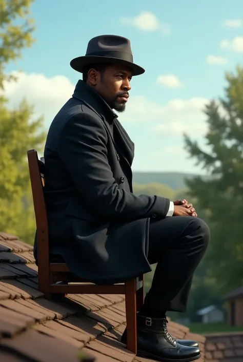 (photorealism:1.2), Denzel Washington, sitting on the chair on the house roof, wearing pent coat, wearning hat, beautiful weather in outside,  side pose, realistic, intricate details, 