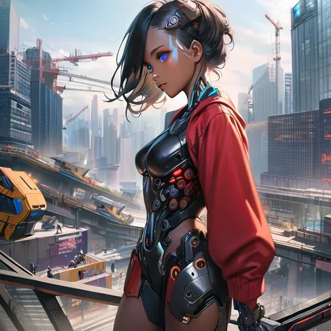 1girl, city,  construction , cyberpunk, skyscraper,  science fiction , cyborg, Alone, short black hair, bright, breasts,  cityscape, crane (machine), toys, realistic, ,  dark-skinned woman, blue eyes, standing, Red jacket, cybernetic body, bionic arm,  cyb...