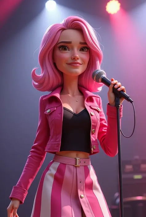  Create a photo from a music album with the name  " Indecent Proposal  (In the middle of the review )"  a Disney Pixar-style character from a country singer, with pink jacket, black blouse and pink , blonde,  white skirt with microphone in hand .  I want t...