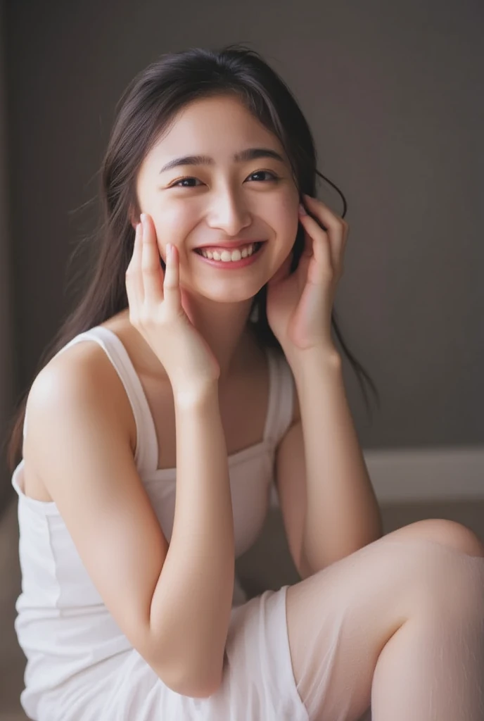 Only one woman with a cute smile wears cute, fluffy off-shoulder pajamas, makes a big heart shape with both hands, and poses them in front of her chest, View above collarbone、The background is a monotone 

