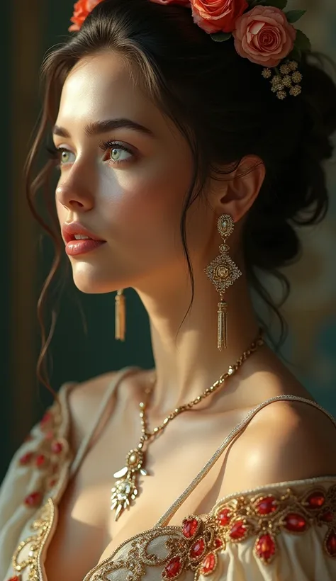 a beautiful Ukrainian woman, detailed face, detailed eyes, detailed lips, long eyelashes, beautiful skin, elegant hairstyle, ornate jewelry, flowing dress, serene expression, dramatic lighting, cinematic composition,  photorealistic, high quality, masterpi...