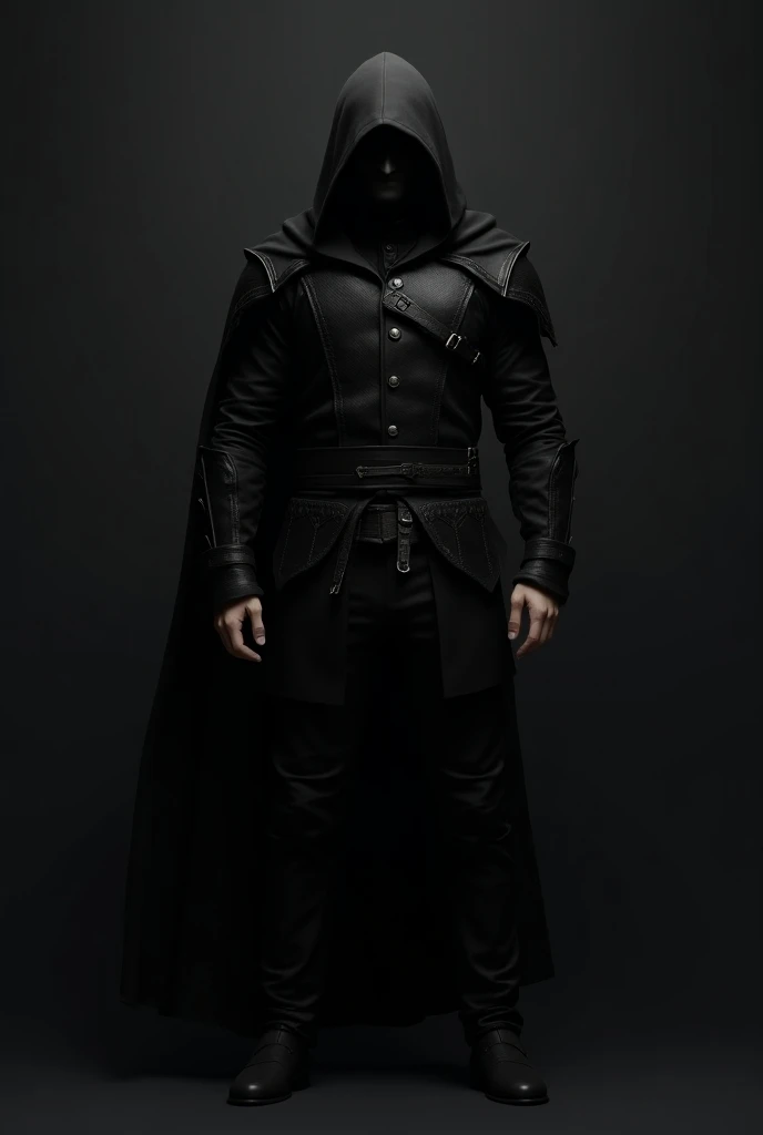 Um personagem de  full body  de RPG com as seguintes características: ( full body :1.5), (man:1.5), man misterioso,  medieval clothes , Black suit, capa preta por cima de uma  black armor , hoodie covering his face ,  black armor , dark armor,  looking at ...