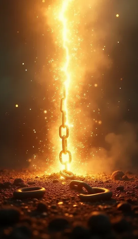 A vertical image 9 : 16 showing a broken chain falling to the ground ,  while an intense light illuminates the background ,  symbolizing the destruction of the curses .  The scene is full of particles of golden light and flashes that emanate from the broke...