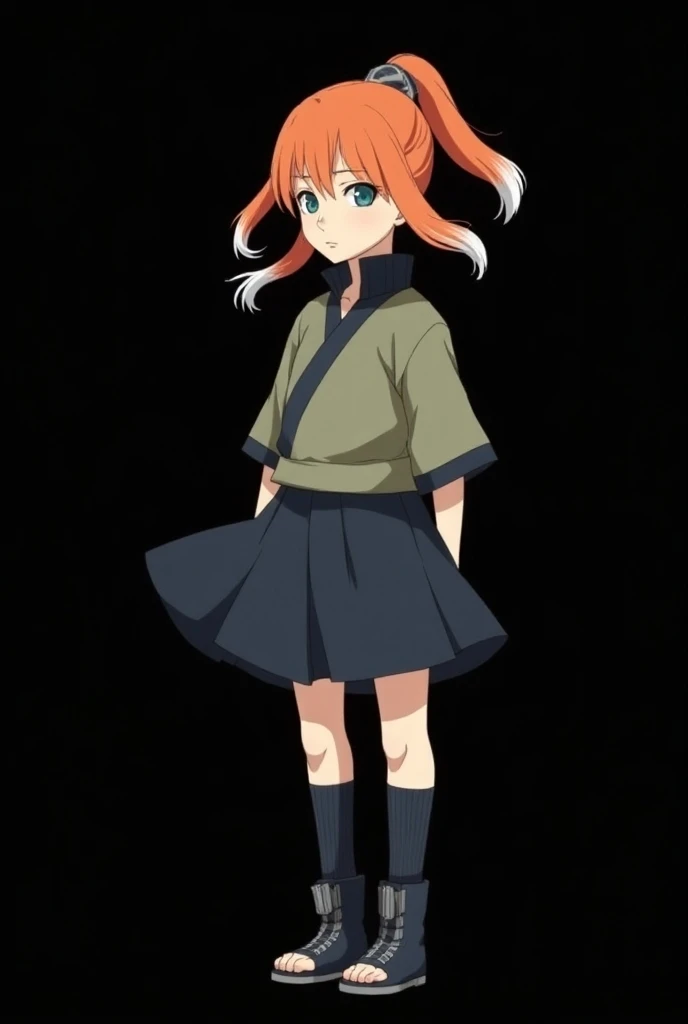 Create an image of a beautiful  standing and full body, Mai Yamamoto  ( eleven years ).  Character from the anime Naruto Classic .  straight fire-colored orange hair with two white locks highlighted in the front. A half fringe pulled to the right side of t...