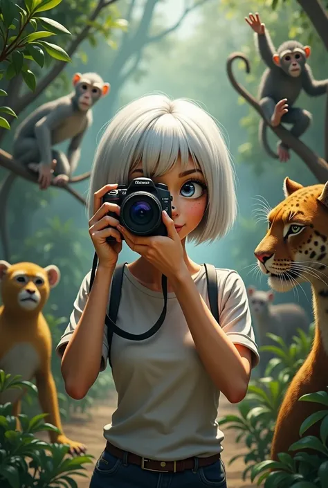 woman with short white tea hair ,  with a mole on the left side of the fence to the eye on the side of the nose,  who is with a camera taking pictures of animals in the zoo 