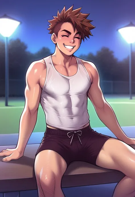 score_9, score_8, rating_safe, source_cartoon, by melkor mancin, 1boy, solo, white skin, punk short brown hair, sitting on table, no shirt, sports large shorts, on night,  smile, confident, blurry background.
