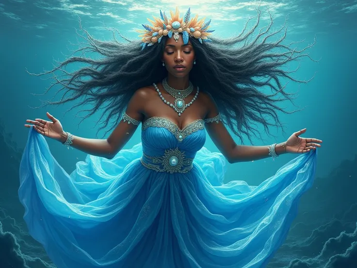 Orisha Yemanja, in the sea, blue dress and shells