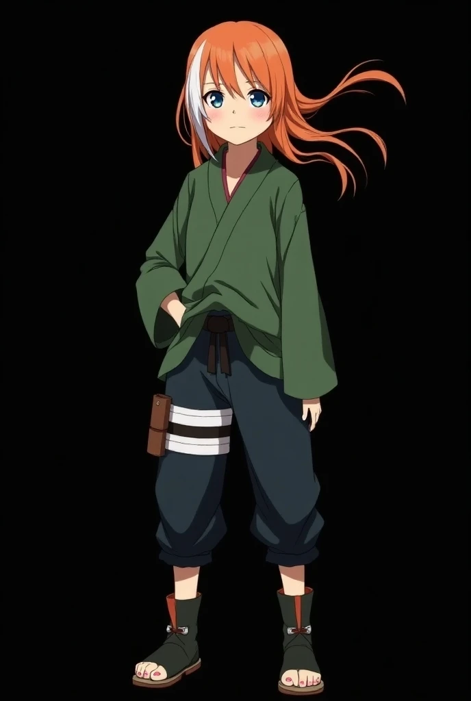 Create an image of a beautiful  standing and full body, Mai Yamamoto  ( eleven years ).  Character from the anime Naruto Classic .  straight fire-colored orange hair with two white locks highlighted in the front. A half fringe pulled to the right side of t...