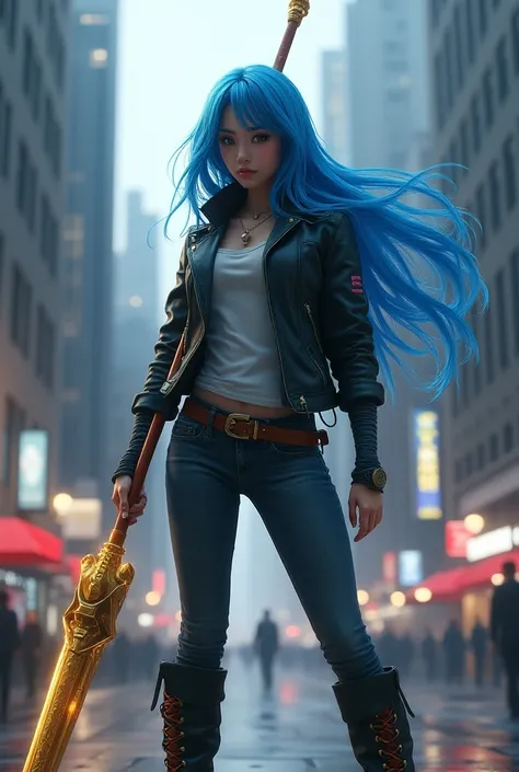 Girl with long blue hair with modern clothes and Grap a golden spear in modern era