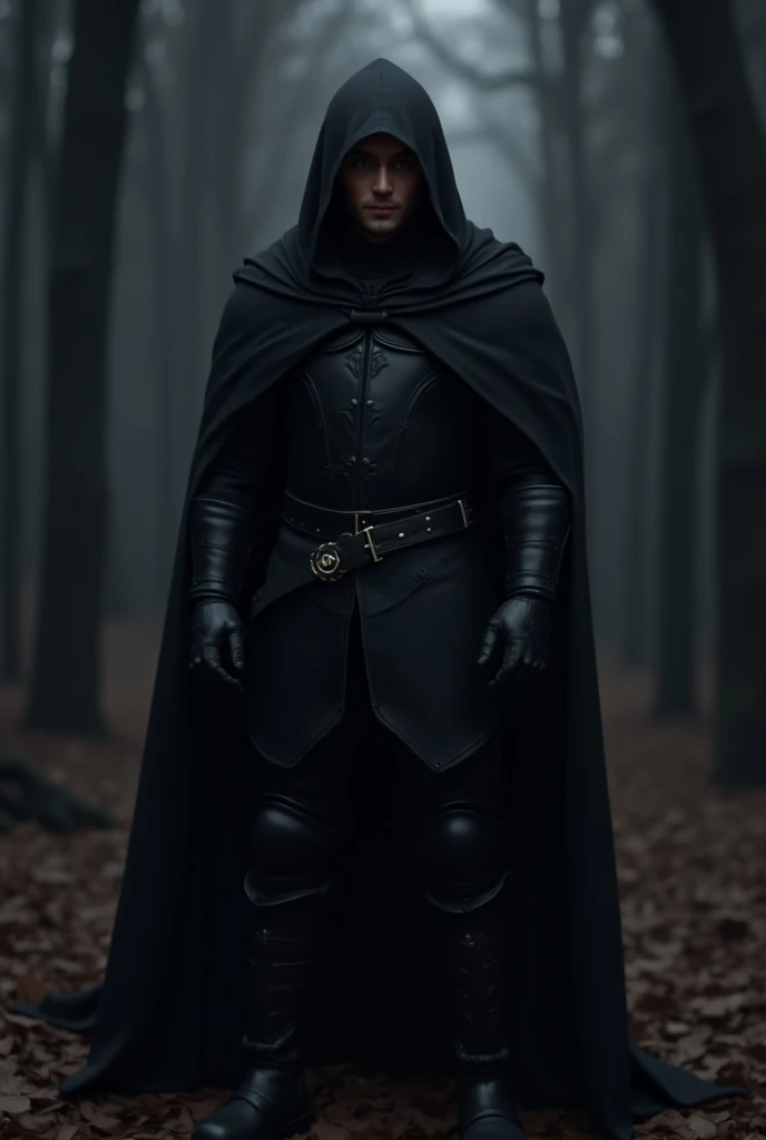 Um personagem de  full body  de RPG com as seguintes características: ( full body :1.5), (man:1.5), man misterioso,  medieval clothes , Black suit, capa preta por cima de uma  black armor , hoodie covering his face ,  black armor , dark armor,  looking at ...