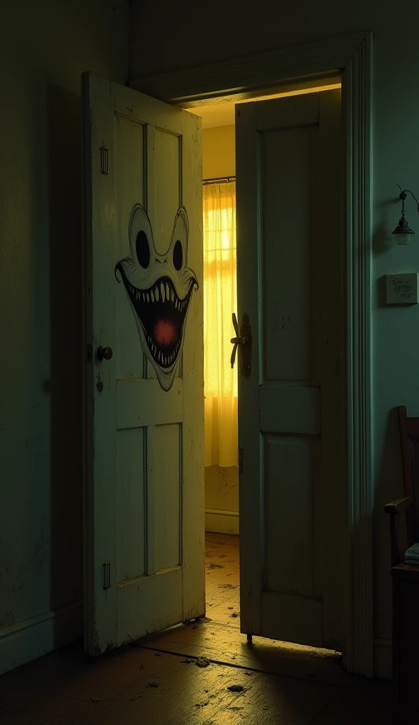 Haunting, macabre smile on the door of a young mans bedroom, observing, Yellow lighting, background room