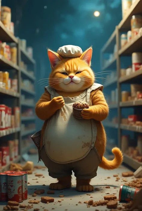  Imagine a cute, fat cat dressed in torn bakers clothes all dirty , very happy inside a supermarket that was destroyed by the earthquake , cidade pós apocalíptica at night luzes acesas , things on the floor fallen ,  cartoon style ,Very vivid, very cute, U...