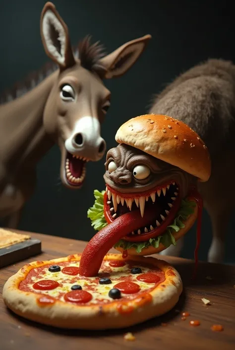 A bad burger preys on a pizza
Behind them is a laughing donkey 
