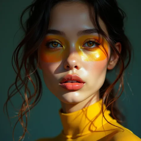 " Strikingly beautiful ,  Portrait of a model with impressive glances ,  abstract and rendered in a modern style .  The models facial contours are distinct but in some areas a soft pastel texture created with brush strokes and accent colors like vivid ,  A...