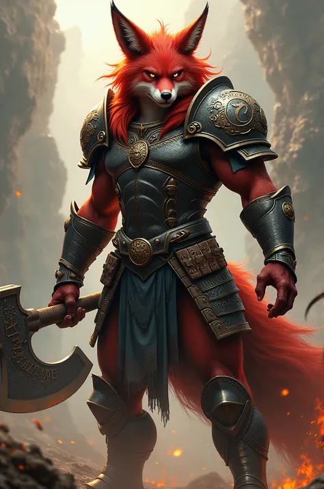 a kitsune, classe barbaro, fox face, Red-haired eyes green ,  wearing armor and holding a large axe