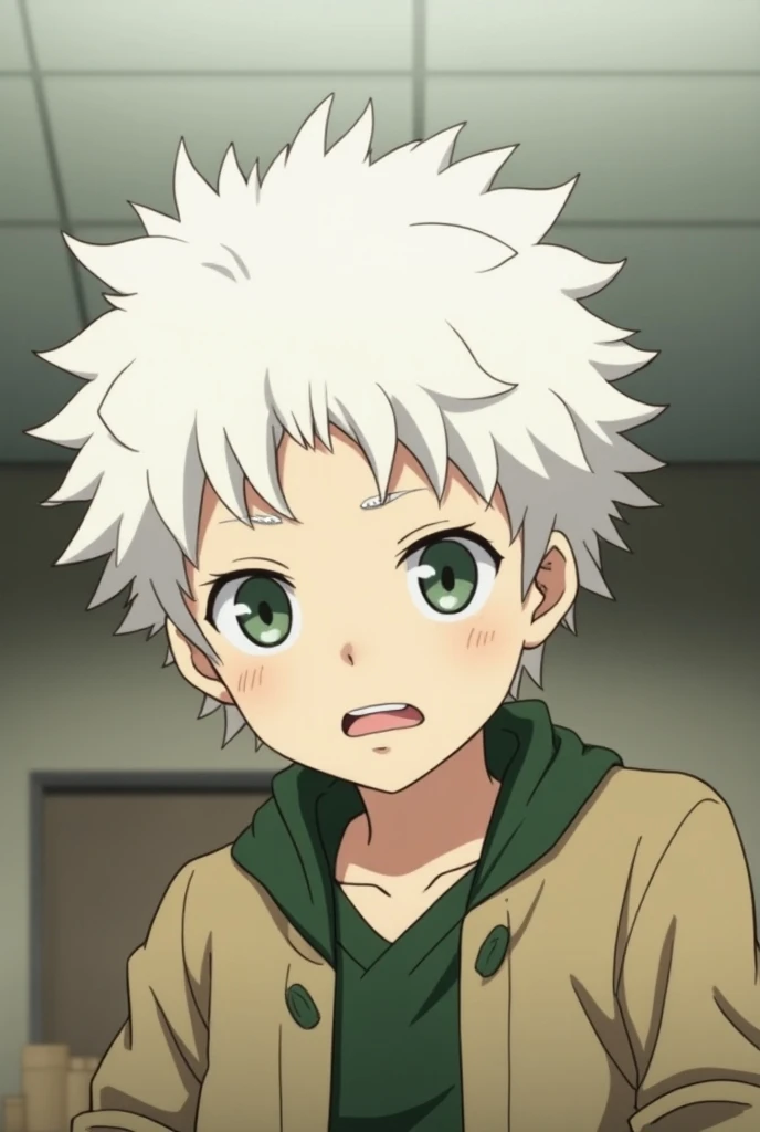 Haikyuu screenshot, boy with wavy white hair, slanted army green eyes, thin upper and middle lips, lower lips, vagabunbette style clothing, in the background of a room, with bored expression