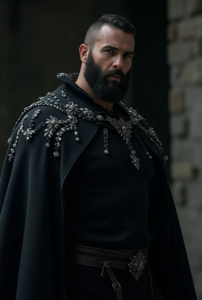 a strong man, high, WITH WELL DONE HAIR AND BEARD DARK, HE LOOKS LIKE KAN YAMAN , wild man,  HE WEARS A DARK BLANKET WITH SILVER DETAILS,  HES IN A DARK CASTLE ROOM , 