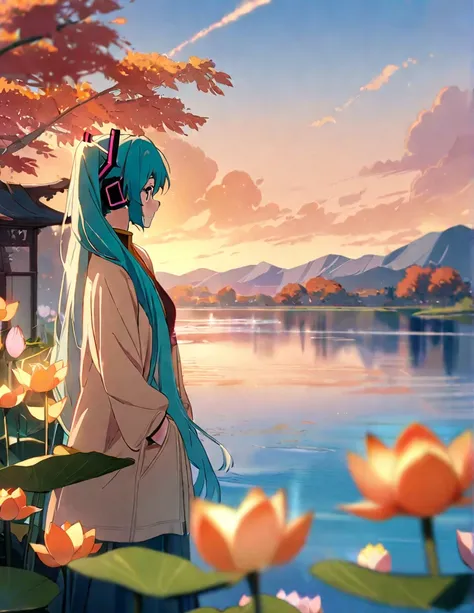 (masterpiece:1.2), (best quality:1.2), (digital illustration:1.2), intricate details, (1girl:1.3), (Hatsune Miku:1.4), (standing near the shore of West Lake Hangzhou:1.2), (looking out at sunrise reflection:1.2), (hands in pockets of light beige cotton jac...