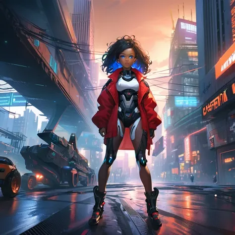 1girl, city,  construction , cyberpunk, skyscraper,  science fiction , cyborg, Alone, short black hair, bright, breasts,  cityscape, crane (machine), toys, realistic, ,  dark-skinned woman, blue eyes, standing, Red jacket, cybernetic body, bionic arm,  cyb...