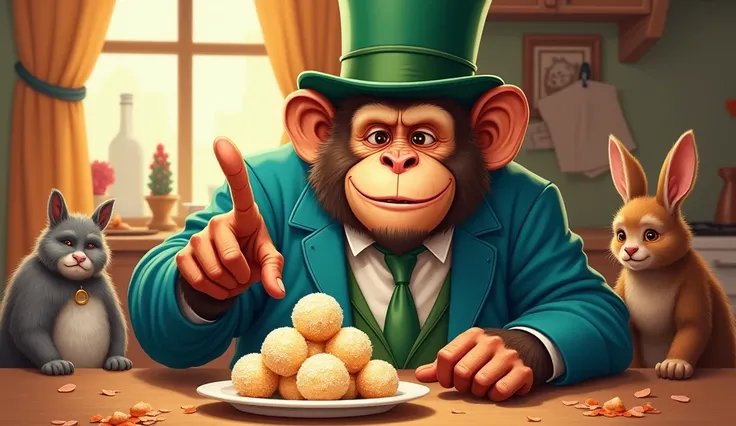 A large monkey wearing a green hat and a blue jacket is sitting in a kitchen, pointing at a plate of sweets (rasgullas). The monkeys face shows a mix of greed and happiness. In the background, some animals like a rabbit and a bear are also looking at the s...