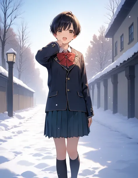 score_9, score_8_up, score_7_up, source_anime, best quality, masterpiece, official art, absurdres, highres, ultra-detailed,waifu2x,break,1girl, very short hair, pixie cut, flipped hair, beautiful breasts,school uniform, snow, winter, open mouth, (yawn:0.3)...