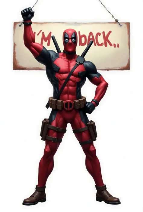 Deadpool, pose de vainqueurs devant une pancarte marque "Im back"