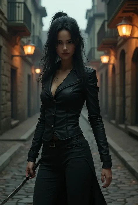 ( photorealism :1.2), Short Woman,  Black Hair , With a dagger,  looks dangerous 、Determined , Behind her,  an old street with cobblestones and old street lights
